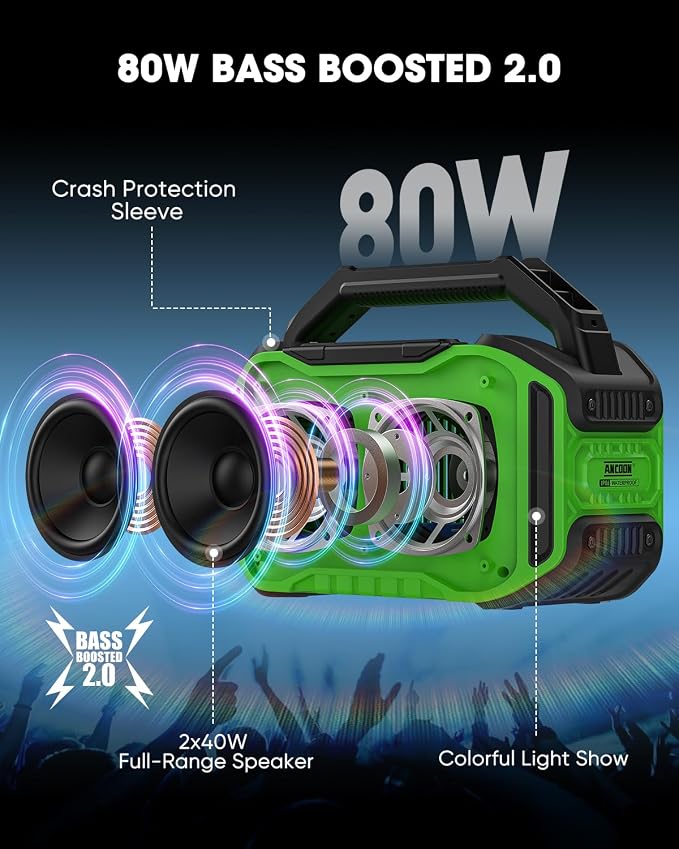 ANCOON Speakers Bluetooth Wireless: 80W(Peak) Loud Speaker with Bass, 20H Playtime, IPX6 Waterproof, Large Jobsite Speakers for Work, Outdoor, Workshop, Garage, Portable Speaker with TWS (Green)