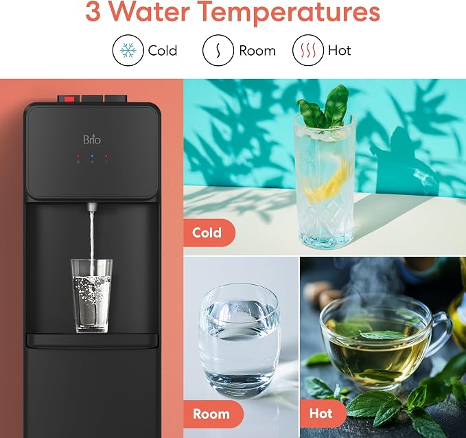Brio 130 Series Bottom Load Water Cooler Dispenser for 5 Gallon Bottles, Hot, Room & Cold, Great for Home or Office, Child Safety Lock, Empty Bottle Alert, Energy Star 3.0, Black