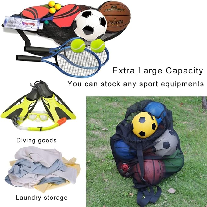 Heavy Duty Mesh Ball Bag, Drawstring Sport Equipment Storage Bag for Basketball, Soccer, Sports Beach and Swimming Gears with Adjustable Shoulder Strap Outdoor Organizer