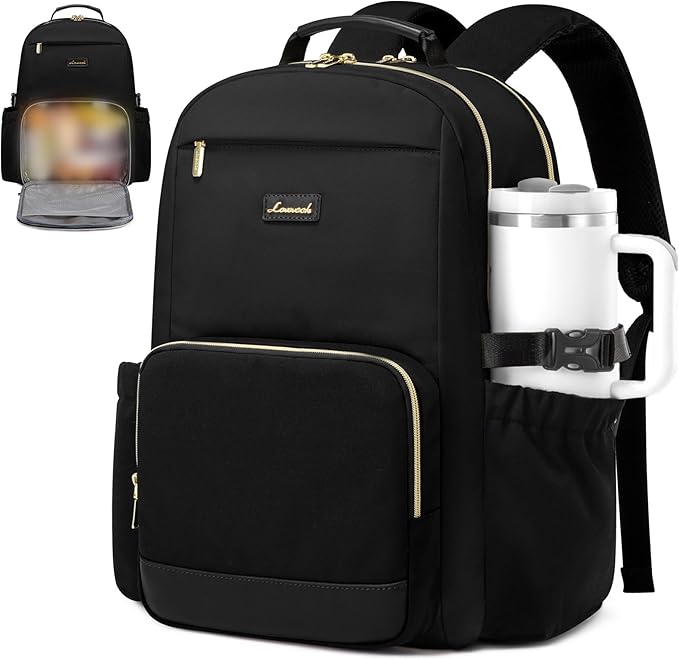 LOVEVOOK Lunch Backpack with Lunch Compartment,17 Inch Laptop Work Travel Insulated Cooler Backpack Purse,Waterproof College Teacher Nurse Lunch Bag Box with Tumbler Holder,Gifts for Men Women,Black