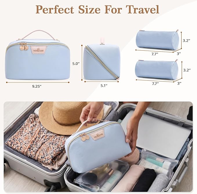 Travel Makeup Bag for Women: 3-in-1 Large Capacity Cosmetics Organizer with 2 Detachable Pouch - Vegan Leather Flat Open Toiletry Bag - Travel Essentials for Full-Sized Bottles(Light Blue)