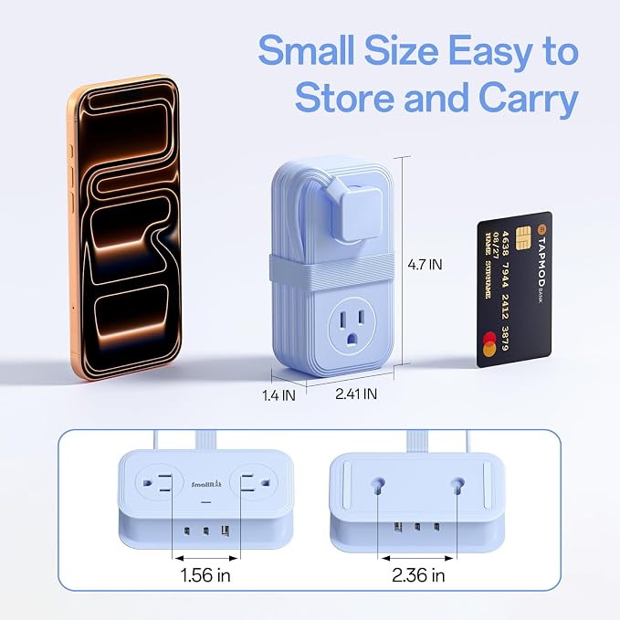 Travel Power Strip, SMALLRT 2 Pcs Extension Cord with Multiple Outlets, 3.3FT Wrapped Extension Flat Plug Power Strip with 4 AC Outlets for Travel, Hotel, Cruise Approved, No Surge Protection, Blue
