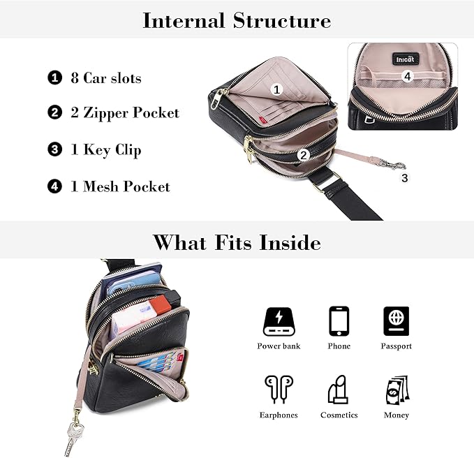 INICAT RFID Blocking Sling Bag, Anti Theft Crossbody Bag for Women Compact Travel Purses Vegan Leather