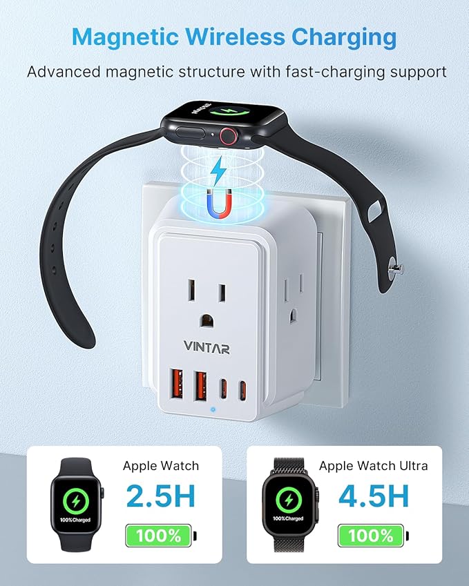 European Travel Plug Adapter Kit, VINTAR International Power Adapter for Apple Watch Charger with 3 AC Outlets 4 USB Ports (2 USB C), Type A/C/G/E/F/L Detachable Plugs, US to Europe UK Italy Spain