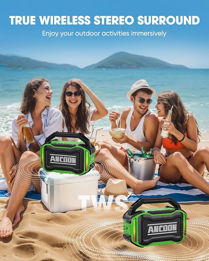 ANCOON Speakers Bluetooth Wireless: 80W(Peak) Loud Speaker with Bass, 20H Playtime, IPX6 Waterproof, Large Jobsite Speakers for Work, Outdoor, Workshop, Garage, Portable Speaker with TWS (Green)