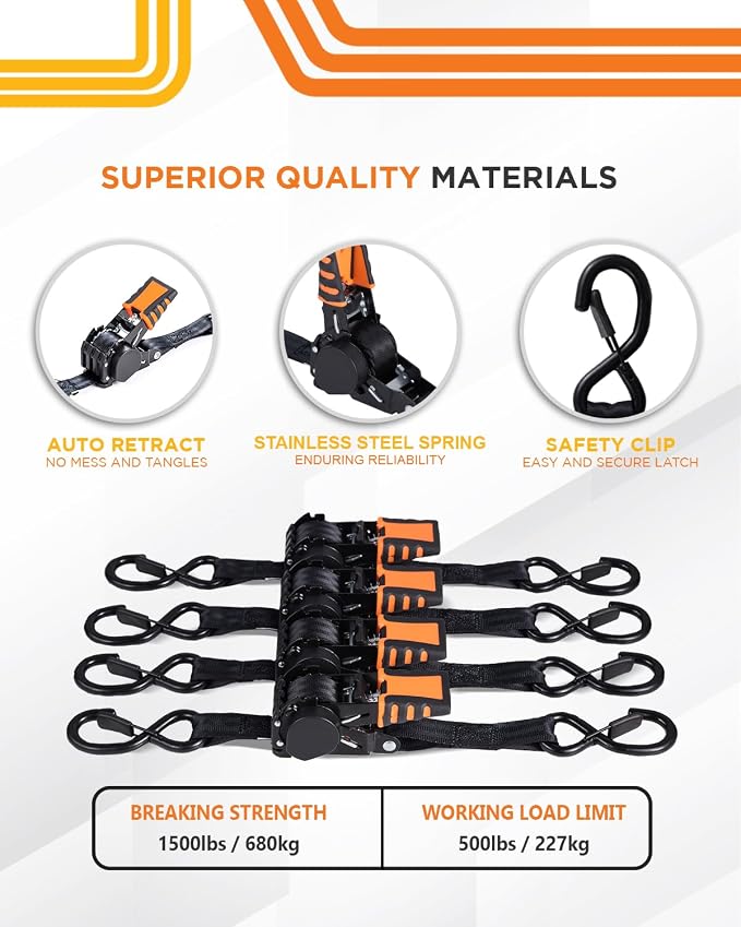 Strapinno 4pcs Retractable Ratchet Straps Bundle 1 in x 6 ft, Secure Tie-Downs with Rubber-Coated Steel Handles, S-Hooks & Durable Hardware for Daily Use with Breaking Strength - 1,500LBS/680KG Each