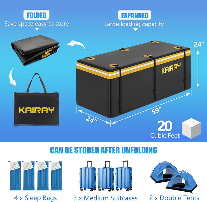 KAIRAY 500 Lbs Heavy Duty Hitch Mount Cargo Carrier 60"x24"x14.4" Folding Rear Luggage Rack Basket Fits 2" Receiver for Car SUV Camping Traveling with Stablizer Waterproof Bag Net Ratchet Straps Lock
