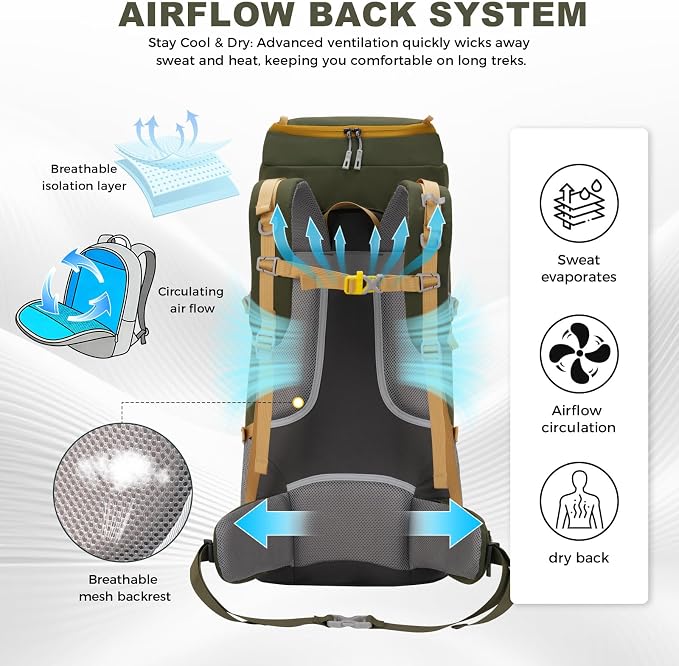 Bseash 65L Waterproof Hiking Camping Backpack with Rain Cover, Outdoor Sport Travel Daypack for Climbing Touring (Army Green)