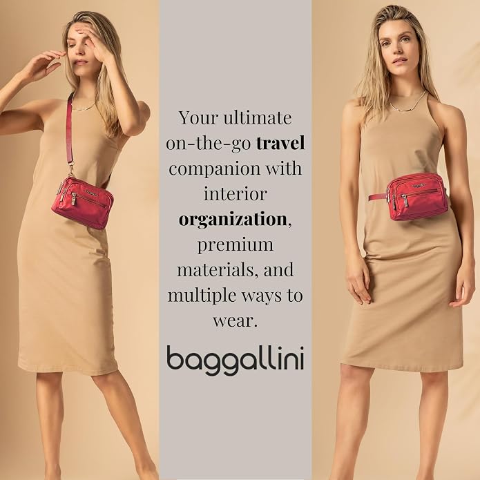 Baggallini Triple Zip Small Crossbody Bag for Women - Lightweight Convertible Fanny Pack Belt Bag