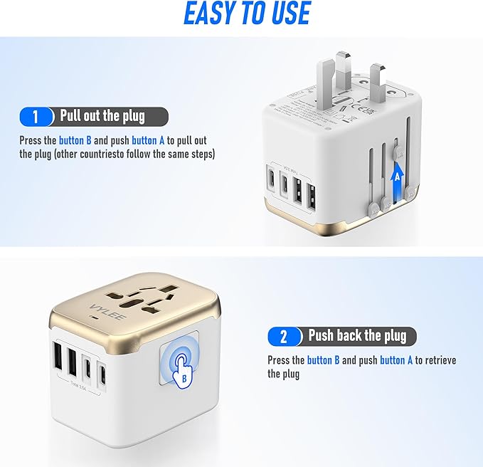 VYLEE Universal International Power Travel Plug Adapter, 5 in 1 European Travel Plug Adapter W/ 3.5A 2xUSB-A and 2xUSB C Wall Charger and Worldwide AC Outlet