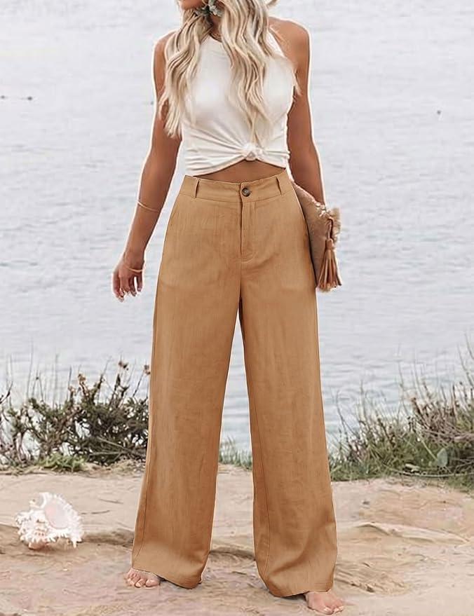 Hooever Womens Cotton Linen Pants Casual Button Up High Waisted Wide Leg Trousers