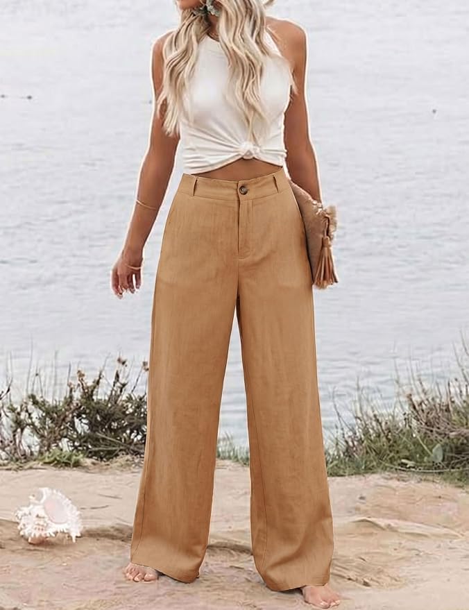 Hooever Womens Cotton Linen Pants Casual Button Up High Waisted Wide Leg Trousers