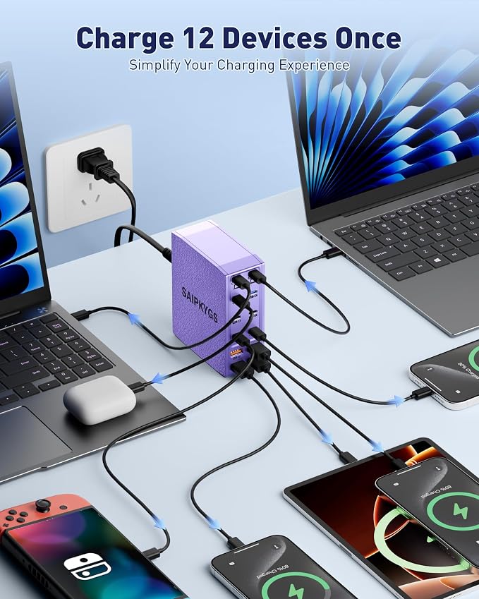 USB Charging Station (1000W),12-Port USB C Charger Block with Dual 100W PD USB-C Fast Charging Station Hub for MacBook Pro/Air/All iPad Phone 17/16 15/14/13/Pro Max/Samsung Galaxy Note(Purple)