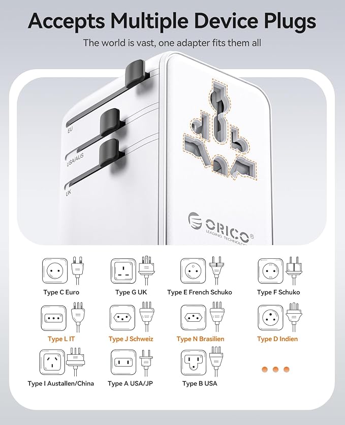 ORICO Universal Travel Adapter 70W GaN International Power Adapter with 2 AC, 3 USB-C and 2 USB-A Ports, Built-in Retractable USB-C Cable, European Travel Plug Adapter for Eu US UK AU & 200+ Countries