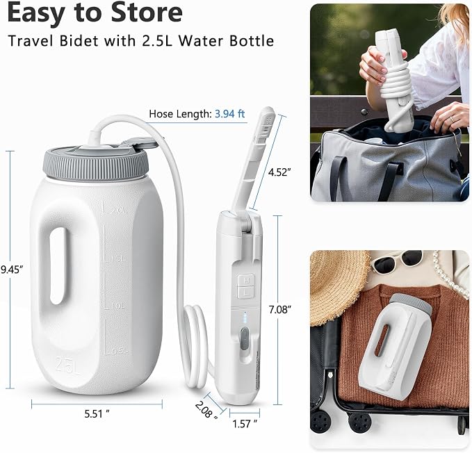 SPACEREST Portable Bidet for Home & Hotel use, Travel Bidet with Adjustable High Pressure & Flush Angle, IPX7 Waterproof, 1600mAh Electric Bidet for Women & Men with 2.5L Reservoir