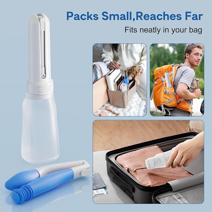 Portable Bidet for Travel & Foldable bottom buddy wiping aid for women, Electric Rechargeable 400ml Handheld Sprayer (3 Modes, IPX7, Type-C, 180° Nozzle) , Locking Clip, 2 Nozzles, Storage Bag (White)