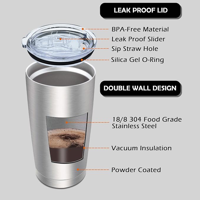 AIANJI 20oz Tumbler Bulk Stainless Steel Tumblers with Lid Vacuum Insulated Double Wall Travel Coffee Mug Powder Coated Tumbler Cup for Hot and Cold Drinks(Stainless Steel, 1 pack)