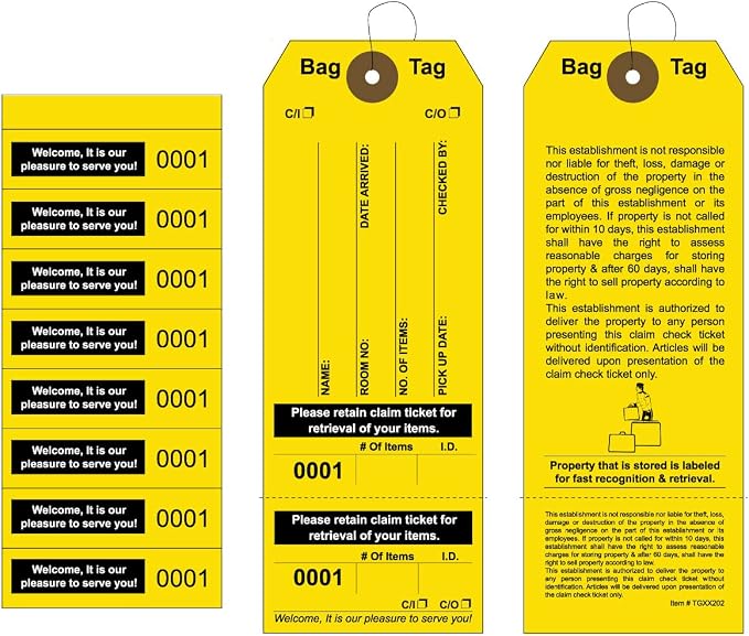 1000 Luggage Claim Tags with String Attached, Consecutively Numbered, Bag Stickers, Claim Ticket - Bag Tags for Hotel and Motel Bag Storage. Size: 6 3/4" (H) x 2 1/2" (W).