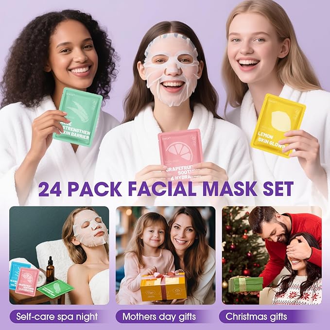KONEUK 24 Pack Sheet Hydrating Face Masks Skincare, Soothing & Moisturizing Face Mask for All Skin Types, Bulk Collagen Face Mask for Women Skin Care, Facial Masks Set Spa Gifts for Women