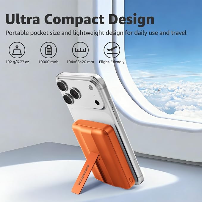 Azmuth Magnetic Power Bank,10000mAh for MagSafe Battery Pack, 22.5W PD Fast Charging,LED Display & Foldable Stand Wireless Portable Charger for iPhone 17/16/15/14/13/12/Pro/Pro Max/Plus,Orange
