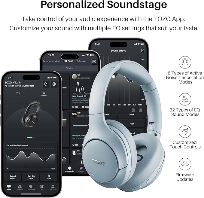 TOZO Hybrid Active Noise Cancelling Headphones, Wireless Over Ear Bluetooth Headset, 60H Playtime, Hi-Res Audio Custom EQ via App Deep Bass Comfort Fit Ear Cups, for Home Office Travel Blue