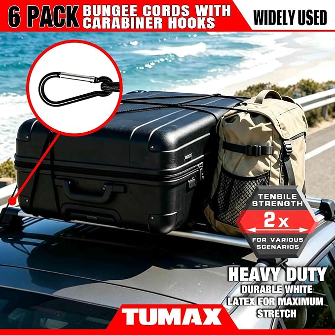 Bungee Cords with Carabiner Hooks, 6 Pack Heavy Duty Long Carabiner Rubber Bungee Cord Assorted Size 24" 40" 60", for Camping, Tarps, Bike Rack, Car, Included A Drawstring Bag