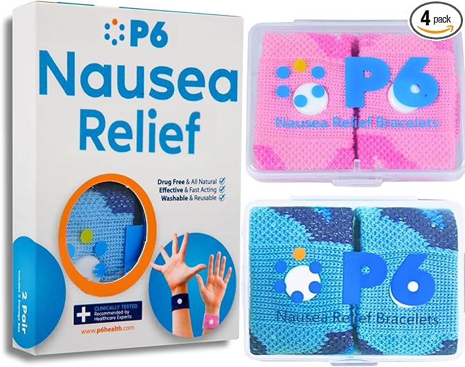 P6 Motion Sickness Bands for Adults Wristbands for Anti Nausea Sea Cruise Travel Car Pregnancy Morning Sickness All-Natural Non Drowsy Relief Acupressure Treatment (2 Pack, Pink - Blue)