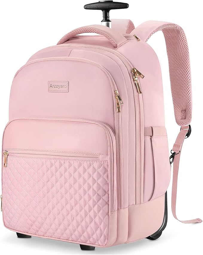 Arcoyard Rolling Backpack Carry On Luggage For Adults With Wheels, 40L Wheeled Backpack For Women, Travel Roller Backpack, Rolling Bag, Pink
