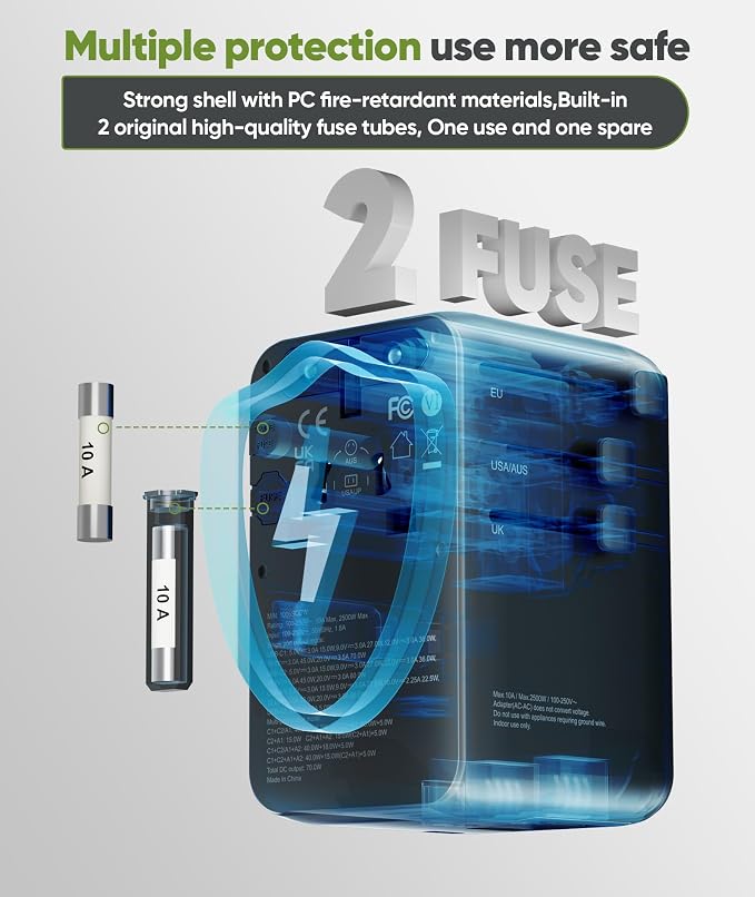 70W GaN Universal Travel Adapter with Retractable USB-C Cable, Fast Wall Charger for MacBook Pro/Air, Laptops, 6-in-1 International Plug for US/UK/EU/AU (Over 200 Countries)
