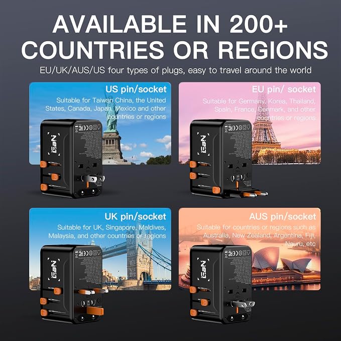 200W GaN Universal Travel Adapter with Smart Display, International Power Adapter with 3 USB-C & 1 USB-A Charging Ports, Travel Plug Adapter Worldwide for US to European UK AUS Ireland