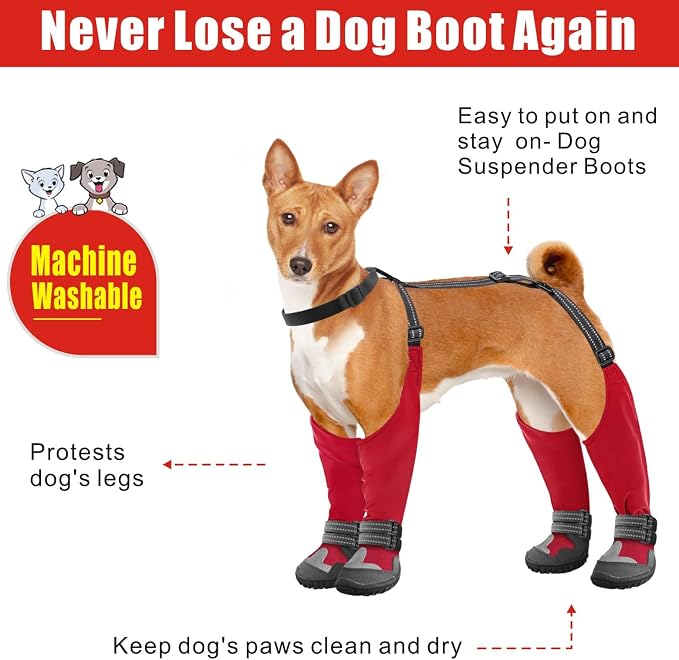Idepet Dog Suspender Boots, Tall Dog Boots Anti-Slip & Fall Waterproof Shoes Leggings, Adjustable Suspender Boots for Winter Snow Rain Hiking Paws Protector (Red, 1)