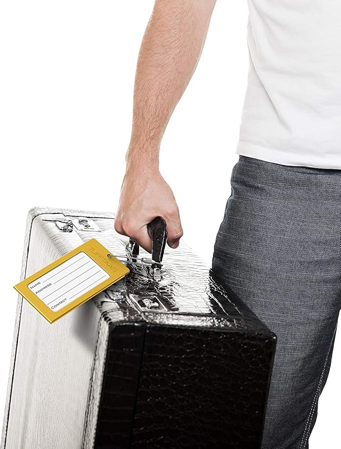 Luggage Tags Business Card Holder by TUFFTAAG - Durable Travel ID Bag Tag, Gold Aluminum, 2 Tags