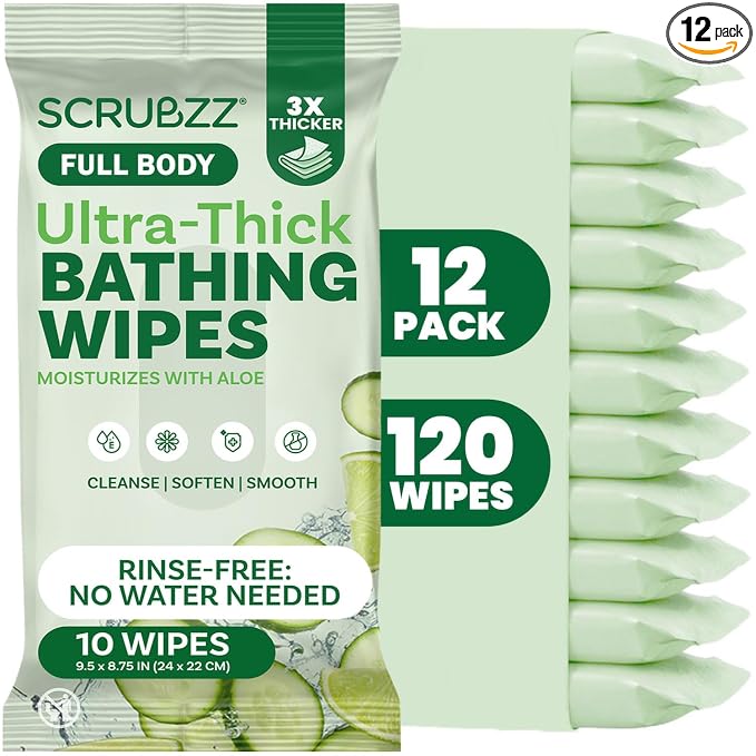 Extra Large Bath Wipes for Adults Bathing No Rinse - 120 Ultra Thick Disposable Body Cleansing Wipes for Men, Women & Elderly - Great for Gym, Camping, Post Surgery - Cucumber Lime