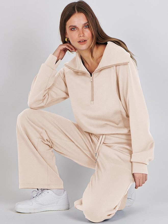 ANRABESS Women’s 2 Piece Outfits Half Zip Sweatshirt & Wide Leg Pants Airport Travel Lounge Matching Sets Sweatsuits Clothing
