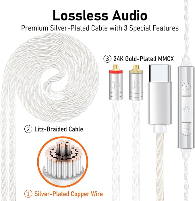 Vibes 202MC USB-C Wired Earbuds - USBC HiFi in Ear Headphones for iPhone 17/16/15 - Noise Isolating Ear Buds w/ Mic - Clear Sound, Deep Bass & Comfort-Fit Earphones - Silver Plated Cord, Carrying Case