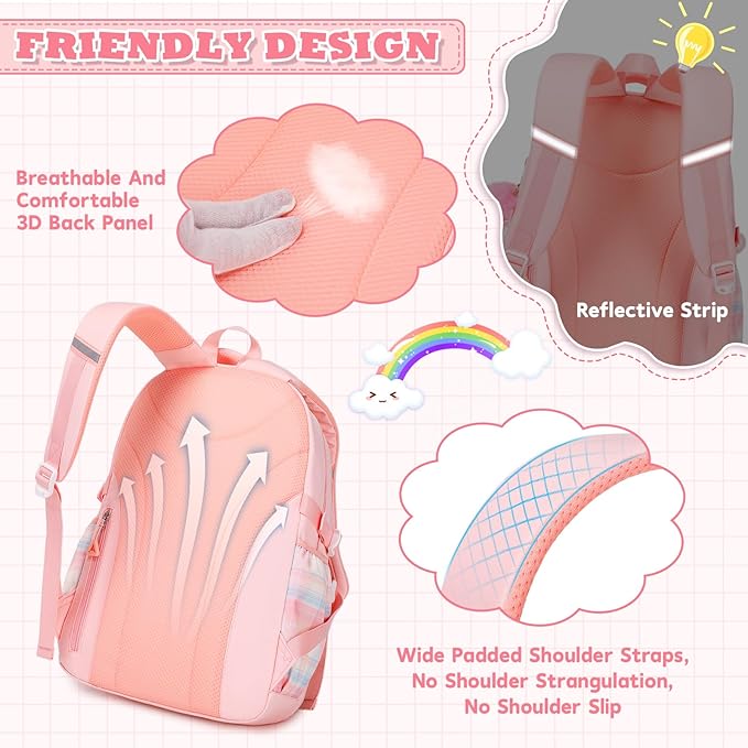 MUSEVOS Girls Backpack, Ideal School Backpack for Girls from Elementary to Teen Years, Kawaii Bookbag Cute Large Capacity