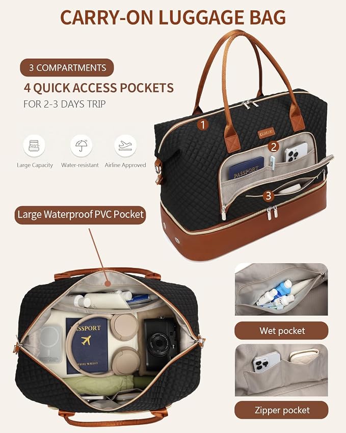 Large Weekender Bags for Women Travel, Under Seat Carry On Bags for Airplanes Overnight Bag with Shoe Compartment Luggage Sleeve, Foldie Travel Tote Bag Hospital Bag, Travel Gifts, Black Brown