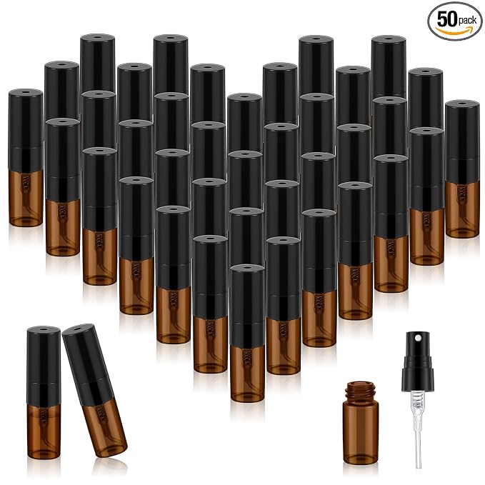 Zhehao 50 Pcs Mini Spray Bottles 2 ml Clear Glass Perfume Bottles Refillable Fine Mist Perfume Atomizer Portable Empty Sample Containers for Cleaning, Essential Oils, Travel (Amber)