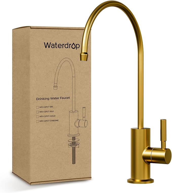 Waterdrop G2FCT-Gold Drinking Water Faucet, Reverse Osmosis Faucet, Water Filter Faucet for Kitchen Bar Sink, Single Handle, Easy to Install, Lead-Free, Stainless Steel, Brushed Gold