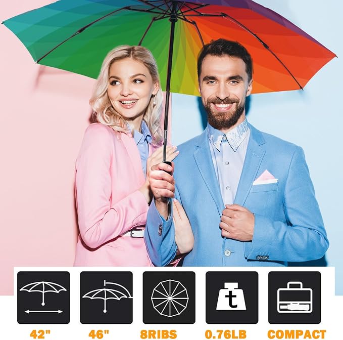 SIEPASA Inverted Umbrella, Large Windproof Compact Umbrellas for Rain & Sun, Compact Reverse Umbrella,Automatic Travel Folding Umbrella for Women Men. (Rainbow colors)