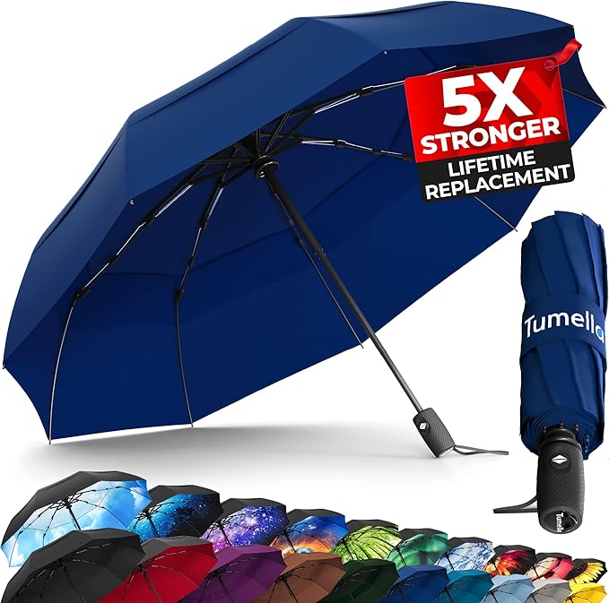 TUMELLA Strongest Windproof Travel Umbrella (Compact, 100MPH Wind-Tested), Light, Portable, One-Handed Use, Automatic Folding Rain Umbrella, Durable, Premium Grip, Fits Car & Backpack