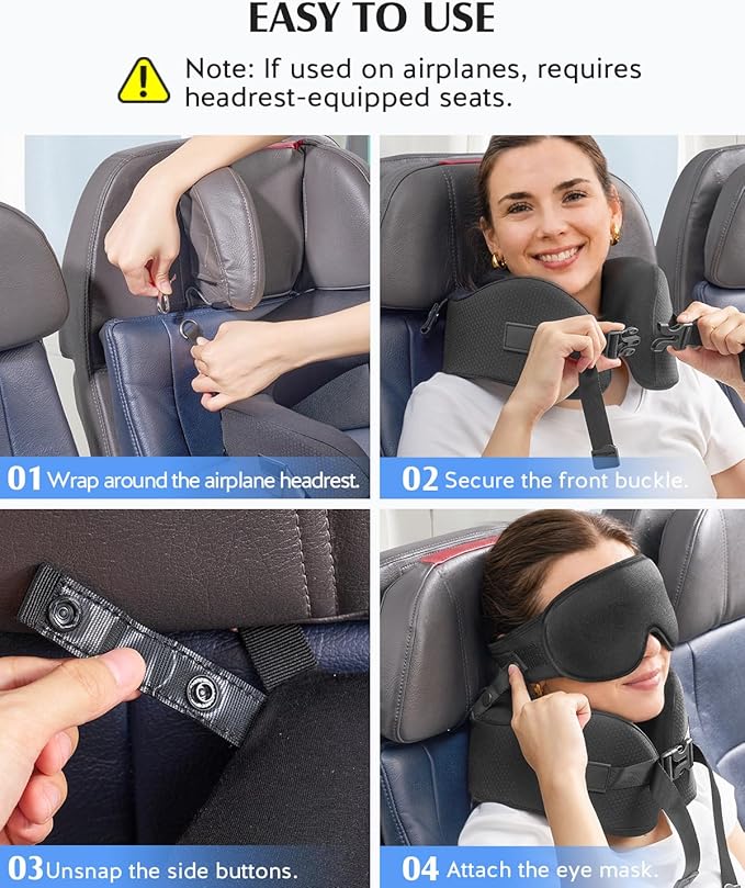 YFONG Travel Pillow for Long Flights, Patented 360° Ergonomic Sleeper Hold Head Support System with Memory Foam Neck Pillow & 3D Sleep Mask, Prevent Head Bobbing for Airplane & Road Trip, Black