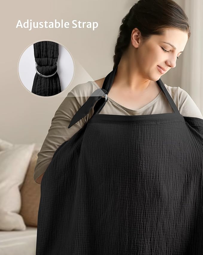 Blissful Diary Muslin Nursing Cover for Breastfeeding, Breathable Breastfeeding Cover up with Arch Neckline for Women, Nursing Apron (Black)