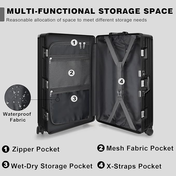 AnyZip Luggage Sets 2 Piece Aluminum Frame Carry On and Checked Suitcase PC ABS Hard Shell TSA Lock No Zipper(Black, 20/28)