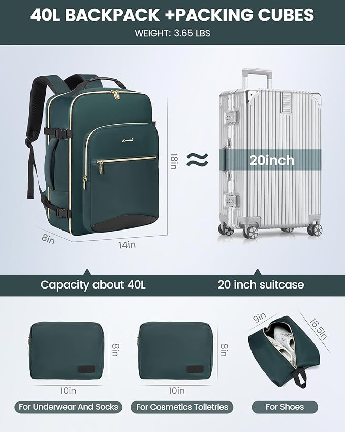 LOVEVOOK 40L Travel Backpack Flight Approved Carry on Backpack,3 Packing Cubes,Waterproof Personal Item Travel Bag,TSA Carry on Luggage Suitcase Travel Essentials,Gifts for Women & Men,fits 17" Laptop