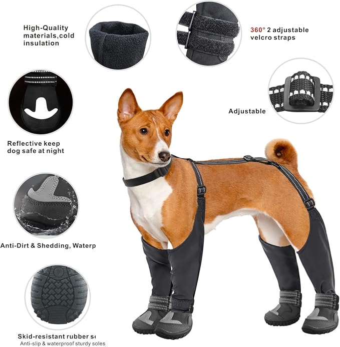 Idepet Dog Suspender Boots, Tall Dog Boots Anti-Slip & Fall Waterproof Shoes Leggings, Adjustable Suspender Boots for Dogs Winter Snow Rain Hiking Paws Protector(Black, 4)