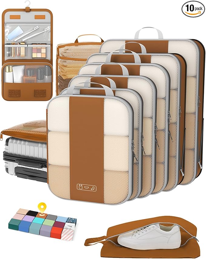 10 Set Compression Packing Cubes for Travel Essentials,Compressible Expandable Packing Cubes for Suitcase,OlarHike Luggage Garment Bags for Travel,Handy Helper for Organizing Clothes(Brown)