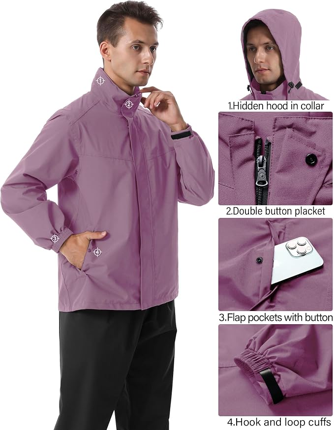 iCreek Rain Suit Waterproof Hooded Rain Gear Breathable Lightweight Packable Rain Jacket Pants Men Women for Hiking Fish Golf