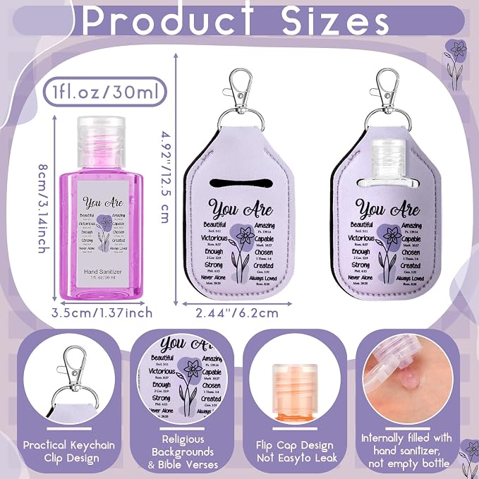 Frienda 24 Pcs Christian Scented Hand Sanitizer and 24 Keychain Holders Gifts for Women Bible Verse Religious Purple Sanitizers Gift for Christian Prayer Mom Pastor Mother's Day Appreciation Gifts