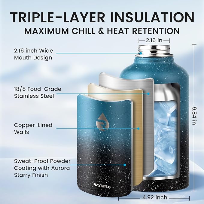 RAYMYLO Insulated Water Bottle 64 oz, Triple Wall Vacuum Stainless Steel (Cold for 48 Hrs), Leak Proof & Non-BPA, Half Gallon Water Flask Jug with Paracord Handle & Straw Spout Lids
